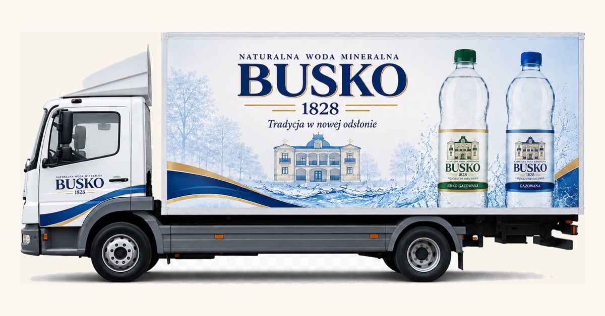 Ciężarówka dostawcza Busko1828 z logotypem i butelkami wody na burcie — dostawa palet do firm.