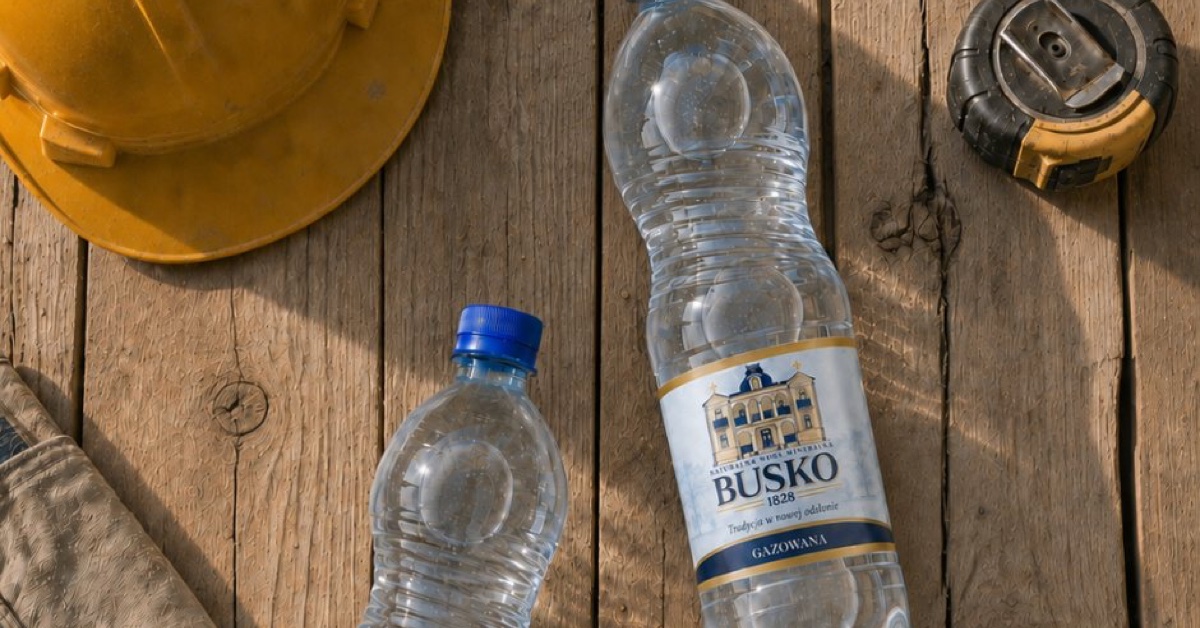 Dwie butelki wody Busko1828 na deskach na placu budowy, obok żółty kask i miara.