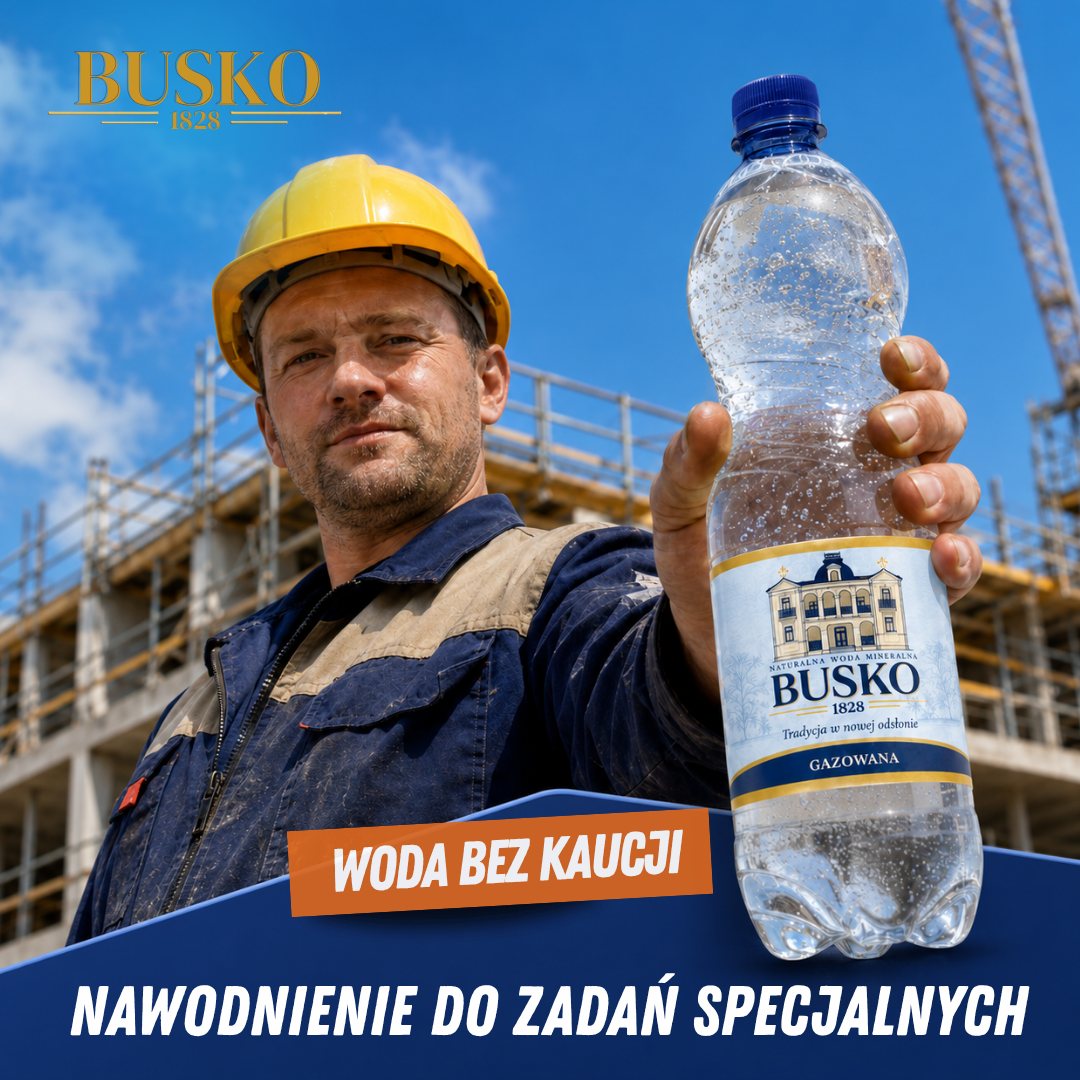 Pracownik budowy w kasku trzyma butelkę Busko1828 gazowana 1,5 l na tle rusztowań. Hasło na grafice: woda bez kaucji, nawodnienie do zadań specjalnych.