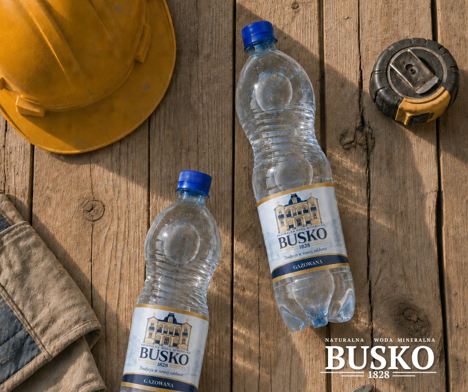 Dwie butelki Busko1828 gazowana, 0,5 l i 1,5 l, leżą na deskach obok kasku ochronnego i miary zwijanej.