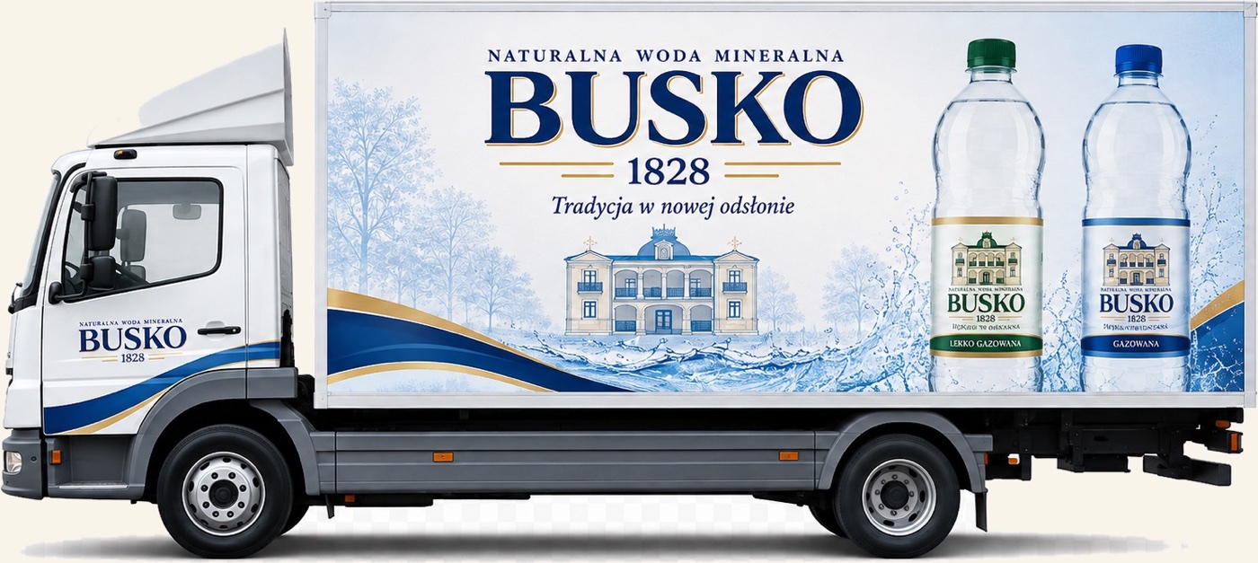 Ciężarówka Busko1828 w barwach marki — dostawa paletowa wody mineralnej butelkowanej